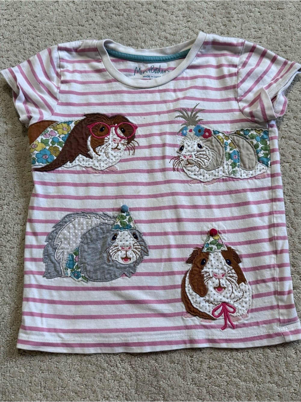 Mini Boden Girls Guinea Pig Appliqué Shirt Size 6-7 Y Pink Stripe Play Condition